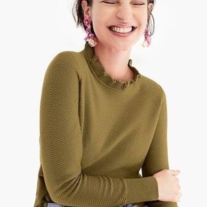 JCrew Ruffle Neck Sweater Marino Wool Blend Pullover Womens XXS Olive Green Army